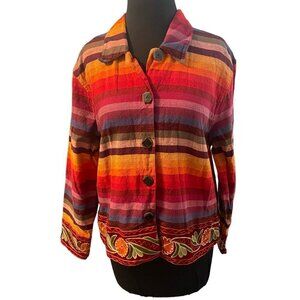 Womens Tan Zara Cotton Shirt Jacket Multicolored Stripes Flowers Red Orange